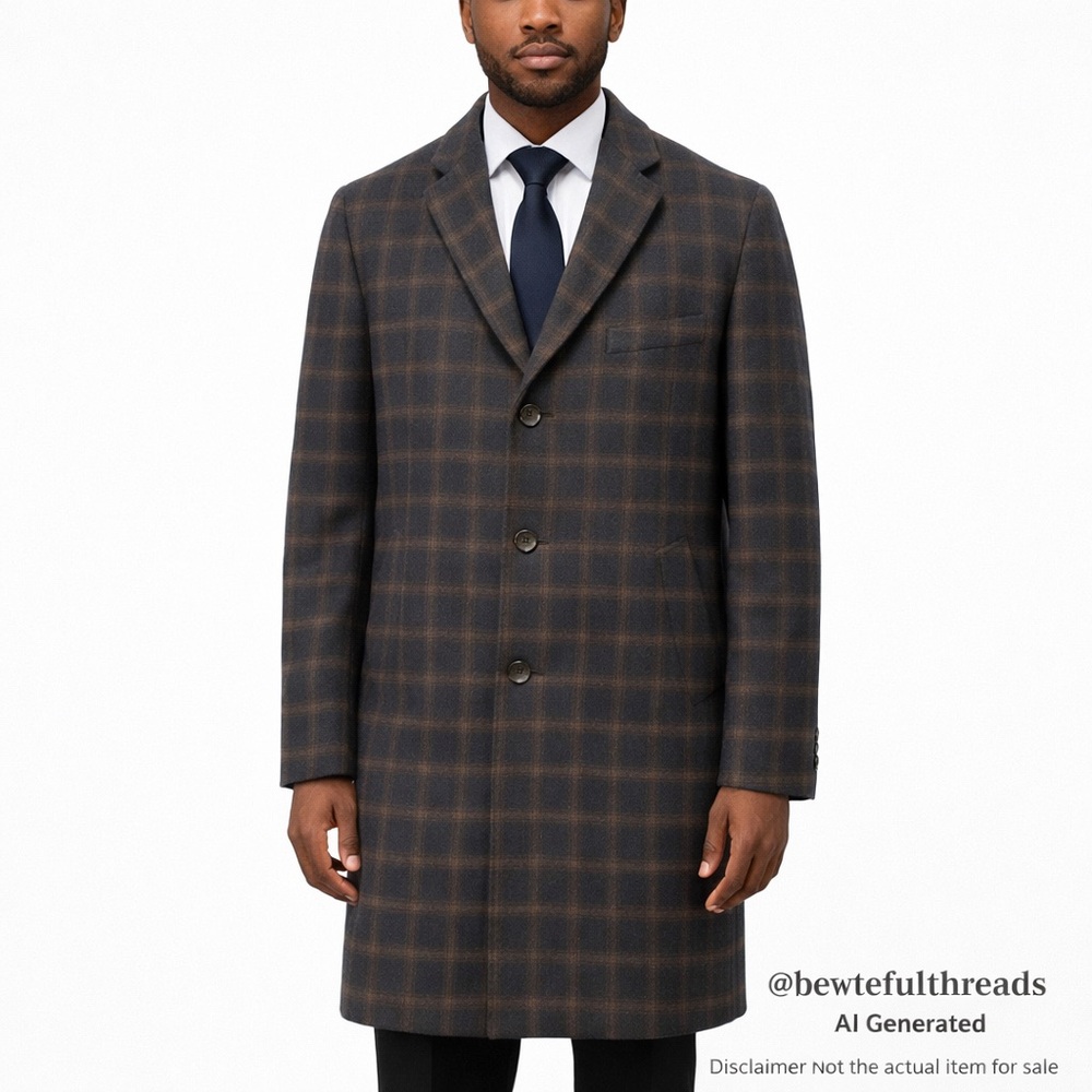 European Windowpane Wool Overcoat Mens 44R Brown Tailored Car Coat